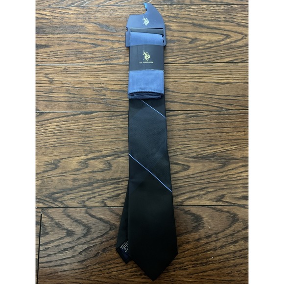 U.S. POLO ASSN Men's 100% Tie & Pocket Square Blue & Black Stripe Hand Made - Picture 1 of 7